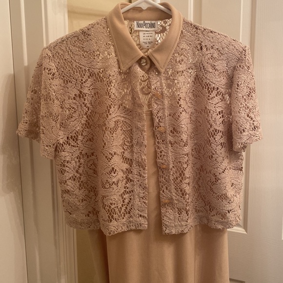 Long dress, sleeves/tank style. Short sleeve lace jacket. Size 8. Tan/gold color - Picture 2 of 5